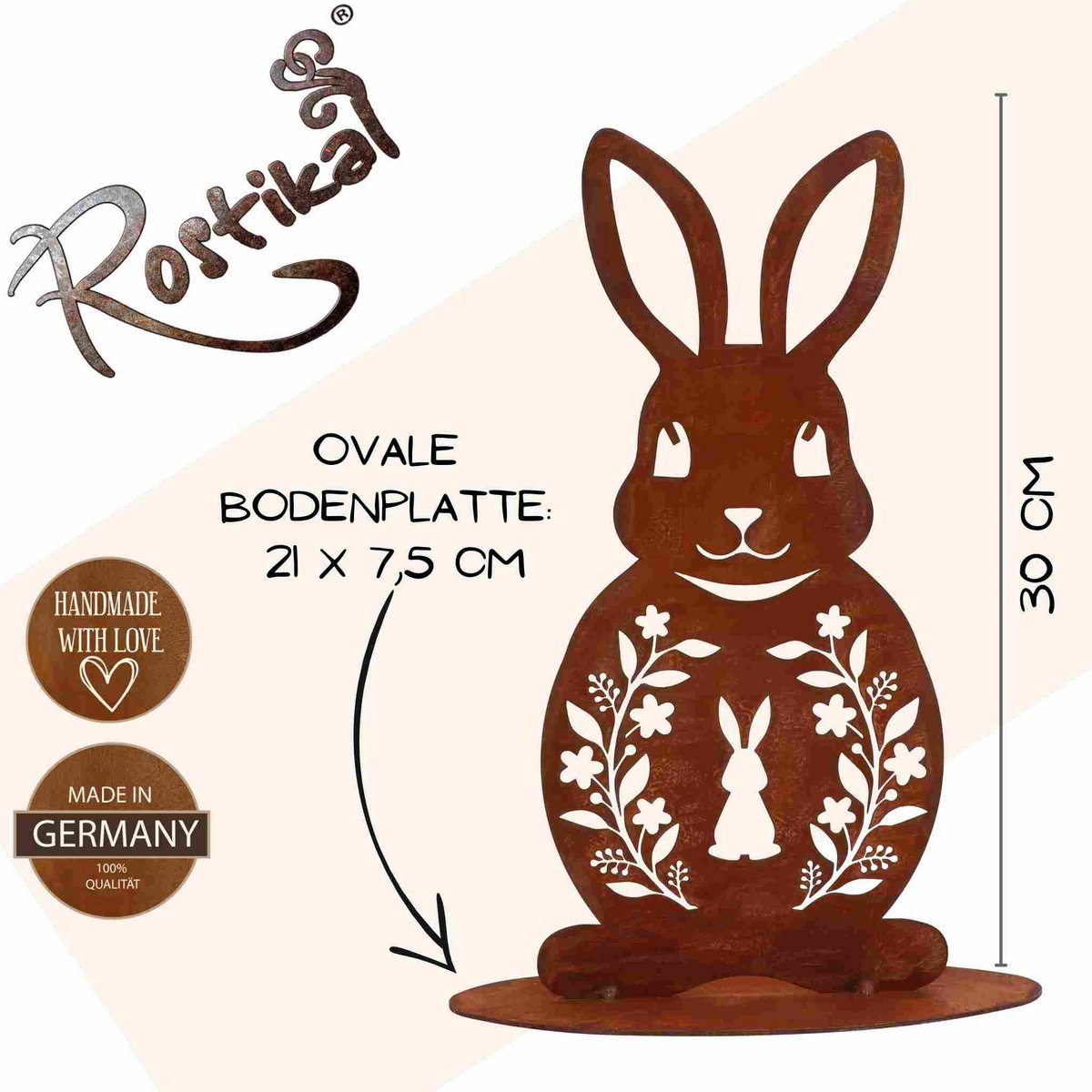 Paashaas van roestmetaal, 21 of 30 cm, op grondplaat of stang