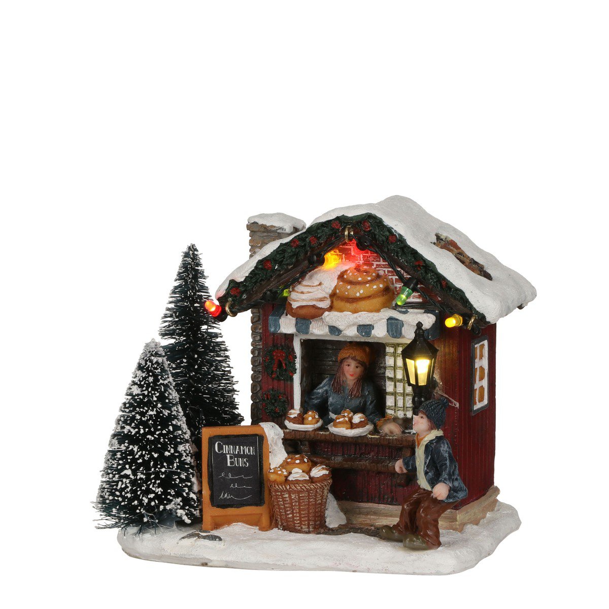 Kerstdorp kraam met kaneelbroodjes en verlichting, 12 × 8,5 × 10,5 cm