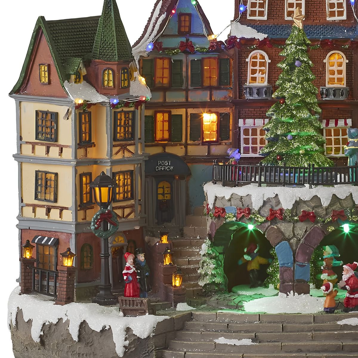 Kerstdorp dorpsplein met draaiende kerstboom en verlichting, 41,5 × 25 × 31,5 cm