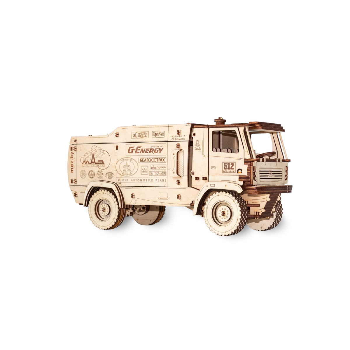 DIY houten mechanische puzzel rallytruck MAZ-5309RR, 35,2 x 13,1 x 16,7 cm