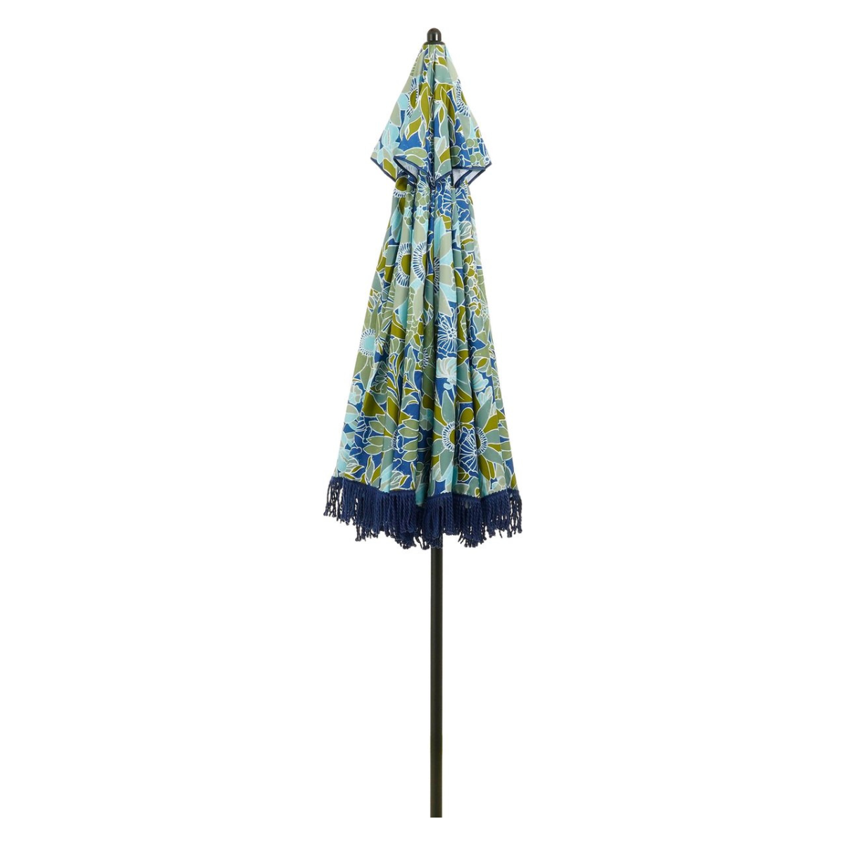Blauwe parasol met bloemenprint en franjes Ø220 cm