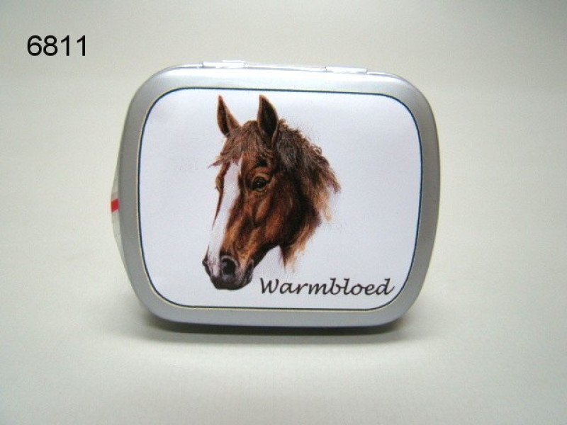 Paard warmbloed, blikje met pepermunt