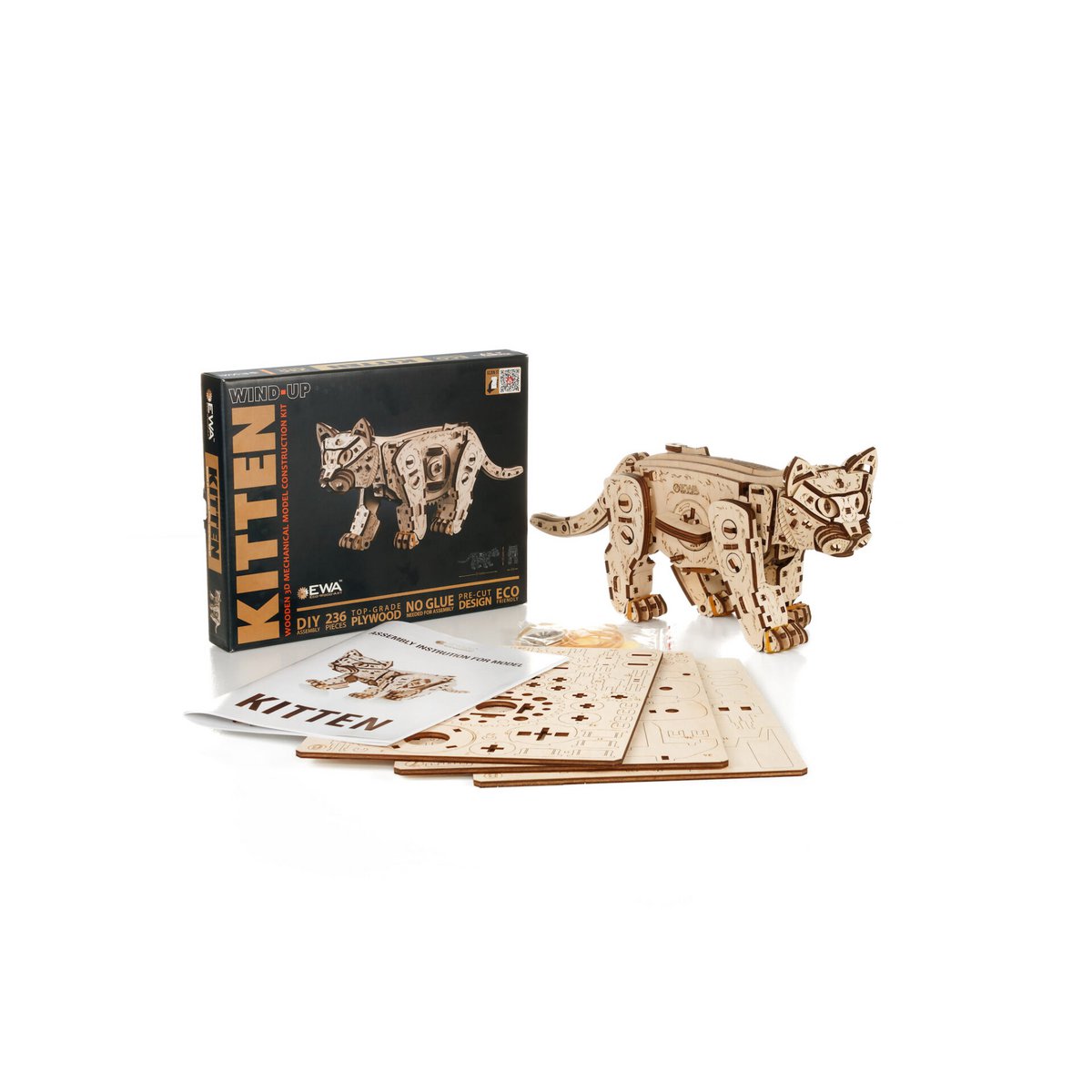 DIY houten mechanische puzzel kitten, 35,1 x 8,4 x 14,5 cm