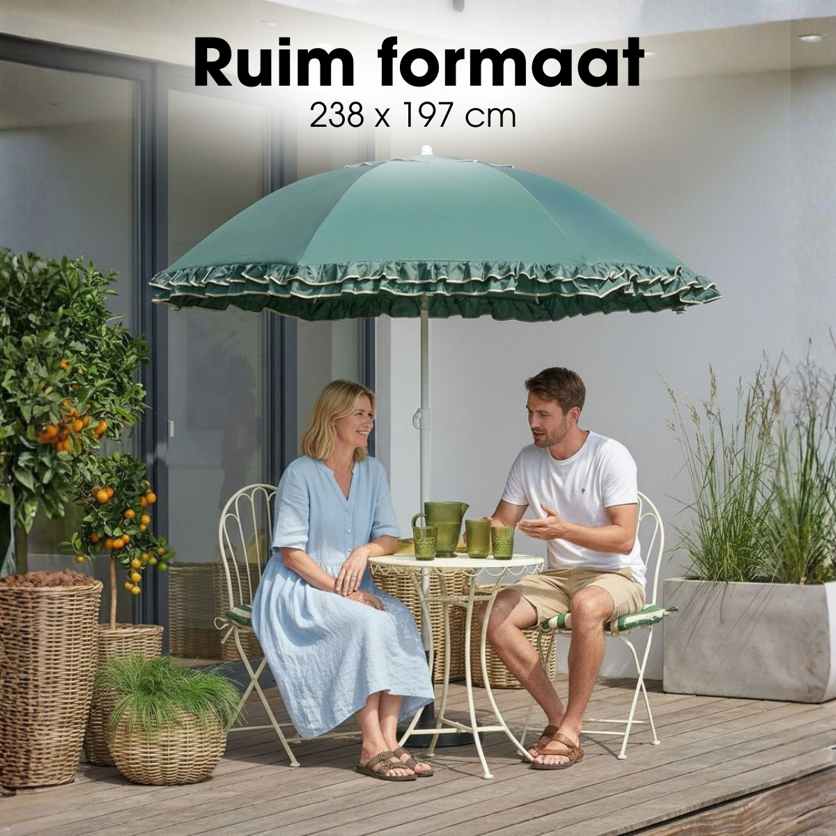 Donkergroene parasol met ruches Ø195 cm