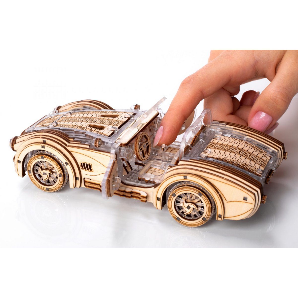 DIY houten mechanische puzzel Speedster V2 auto, 16,4 x 8 x 5,5 cm