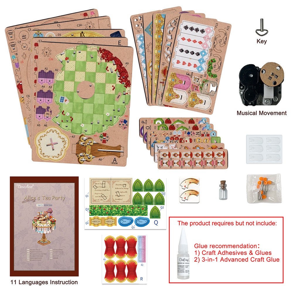 DIY 3D houten muziekdoos Alice's Tea Party, 13,7 x 13,2 x 20,9 cm