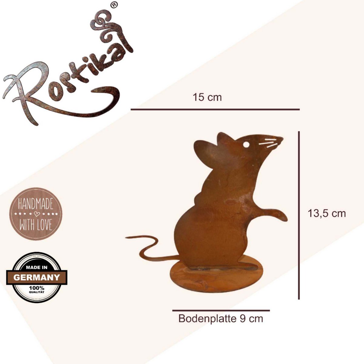 Roestmetalen muis op bodemplaat, 13,5 cm