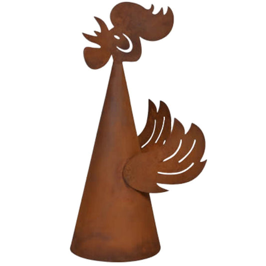 Roestkleurige schuttingfiguur haan van metaal – patina tuindecoratie 33 cm