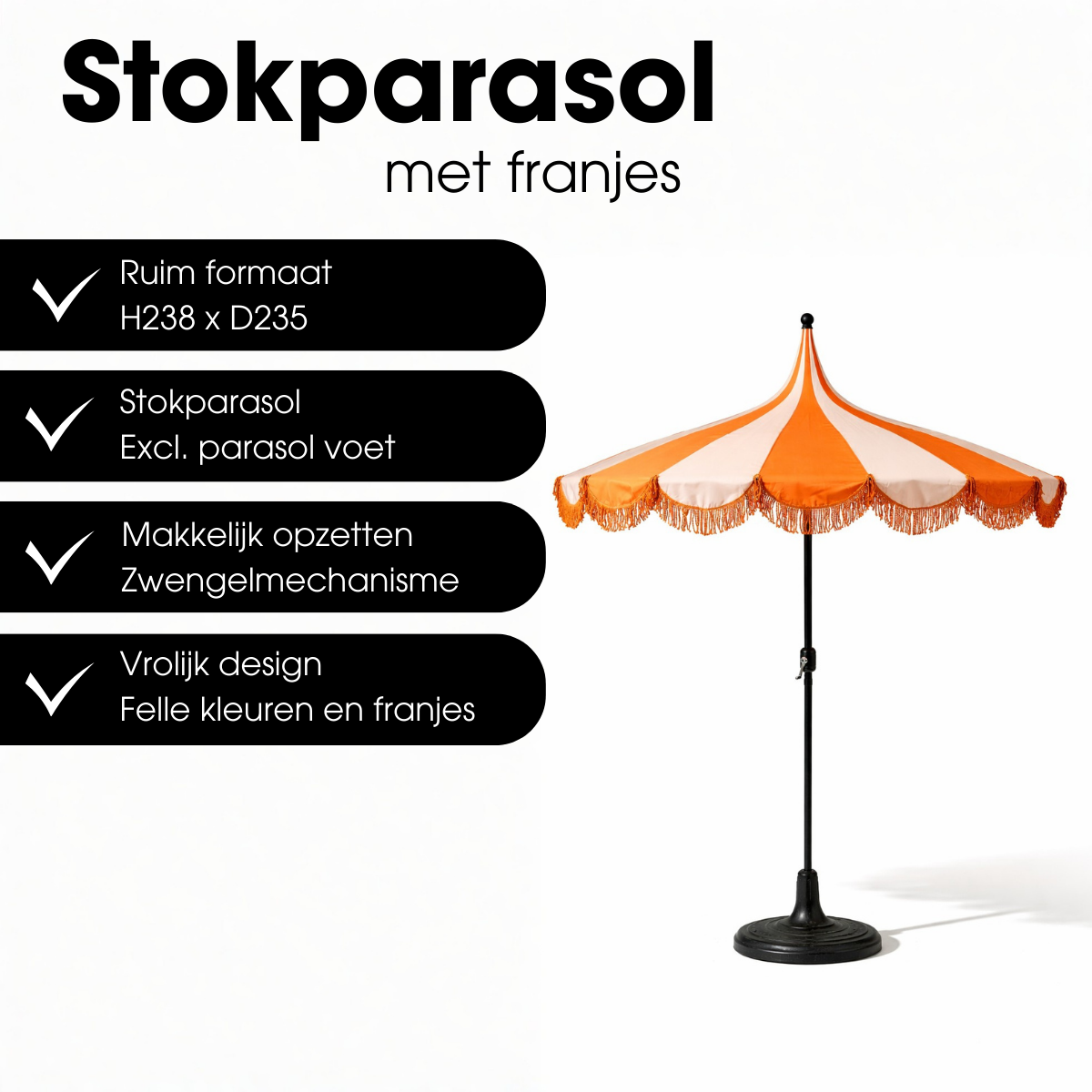 Oranje gestreepte parasol met franjes Ø235 cm