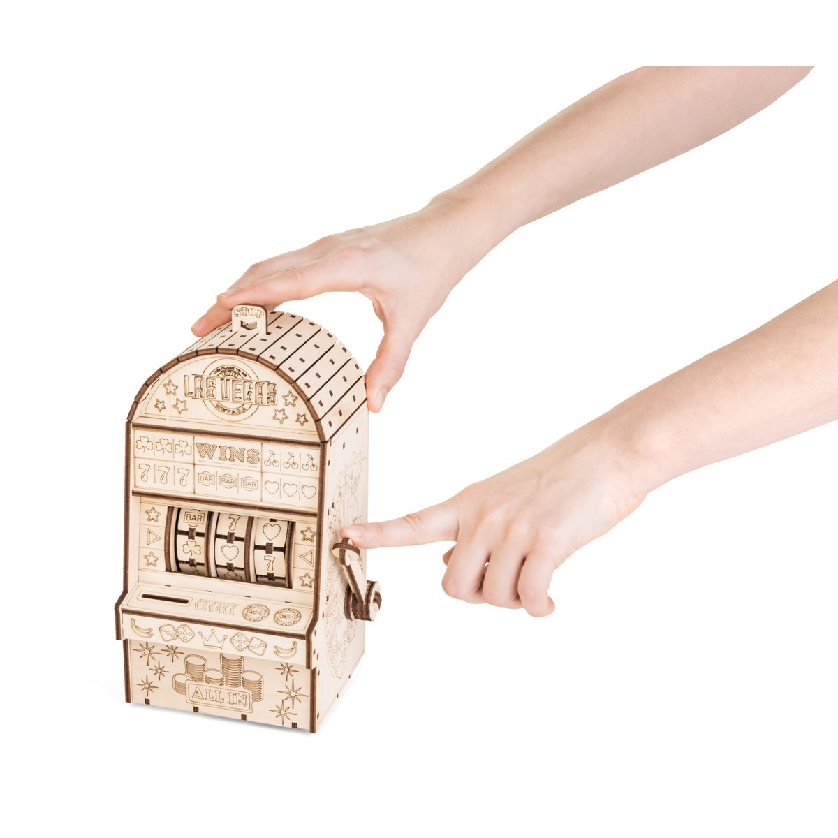 Eenarmige bandiet mechanische houten puzzel, 25,3 × 11,7 × 13,6 cm