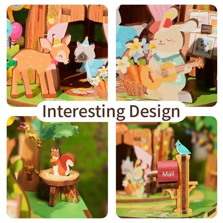 DIY 3D houten muziekdoos Forest Party, 14 x 14 x 15,4 cm
