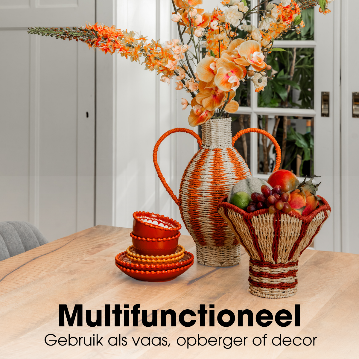 Geweven mand, rood en lichtbruin, 20 × Ø 28 cm