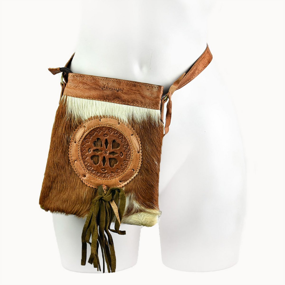 Farin leren heuptas en crossbodytas met koeienhuid, 15 × 3 × 20 cm