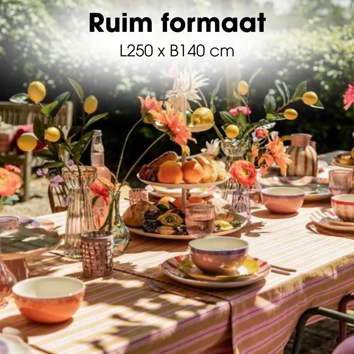 Tafelkleed roze okergeel gestreept, 250 x 140 cm