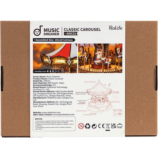 DIY houten muziekdoos carrousel 25,7 x 25,5 x 29,5 cm