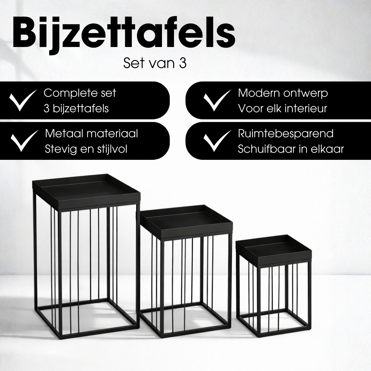 Zwarte bijzettafel set Beth compact - 3-delig