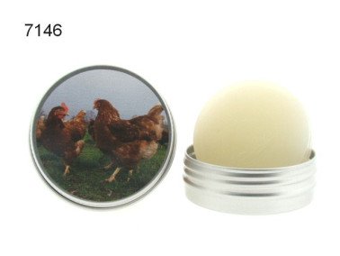 Kip, blikje met lavendelzeep
