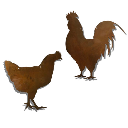 Roestmetalen haan en hen, ca 22 cm
