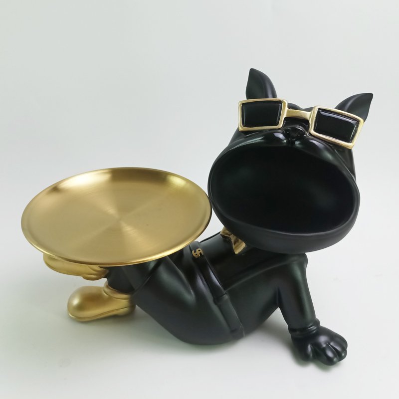 Bulldog met dienblad, zwart en goud, 27,8 × 16,5 × 20,5 cm