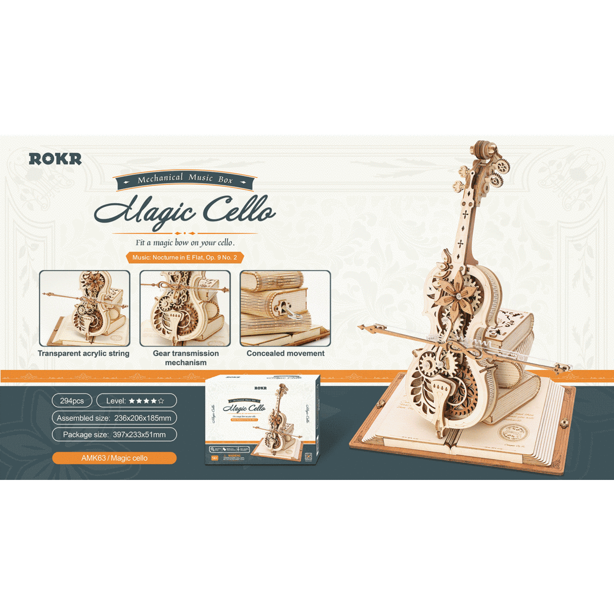 DIY 3D houten muziekdoos Magic Cello, 23,5 x 20,5 x 18,5 cm
