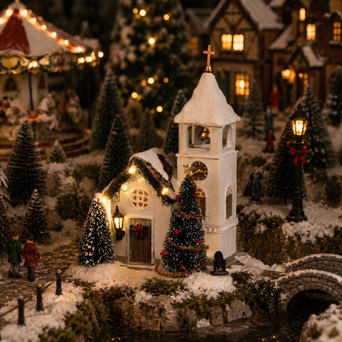 Kerstdorp Zweedse kerk met verlichting en geluid, 14 × 15 × 20 cm