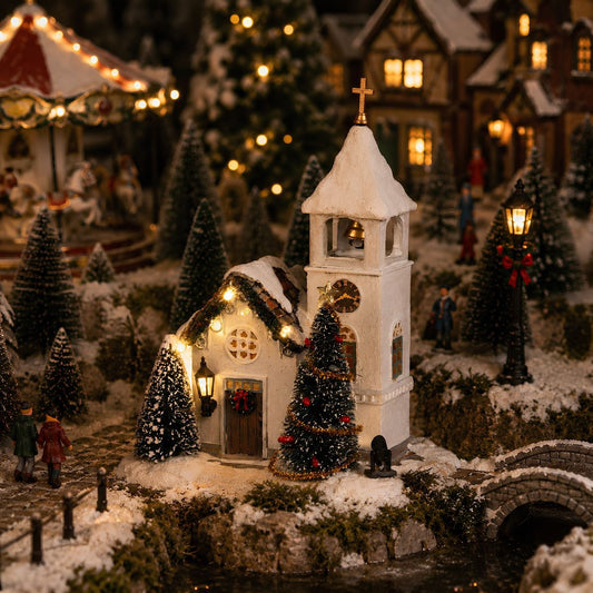 Kerstdorp Zweedse kerk met verlichting en geluid, 14 × 15 × 20 cm