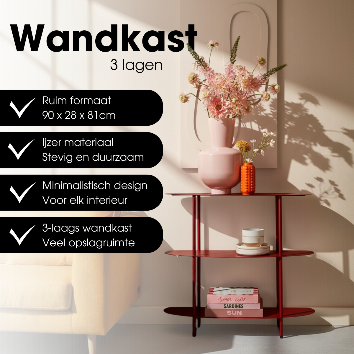 Open kast, rood met 3 ovale planken,  90 x 28 x 81 cm