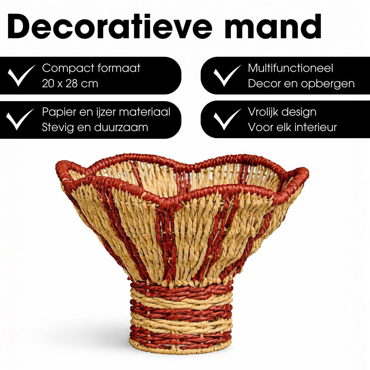 Geweven mand, rood en lichtbruin, 20 × Ø 28 cm