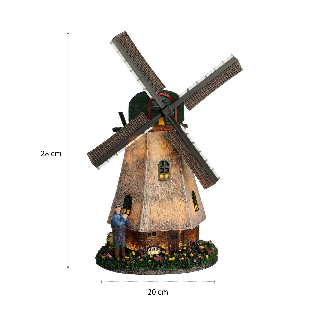Kerstdorp Zaanse molen met draaiende wieken en verlichting, 20 × 14 × 28 cm