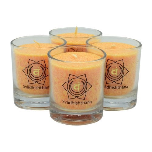 Swadhishthana chakra kaarsen oranje, 6 × 6 cm set van 4