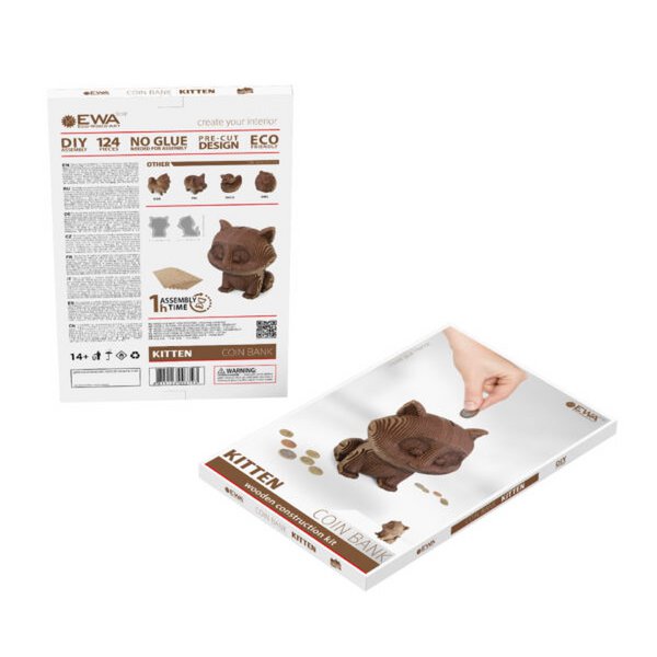 DIY houten spaarpot kat, 13,6 x 12,7 x 14,1 cm