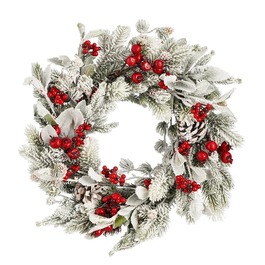 Kerstkrans met besneeuwde takken en rode bessen, Ø 40 cm