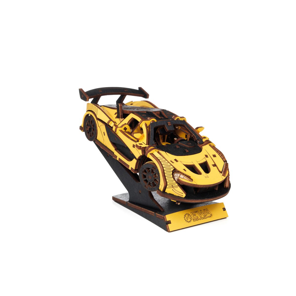 DIY houten mechanische puzzel raceauto geel, 21 x 9,5 x 5,7 cm