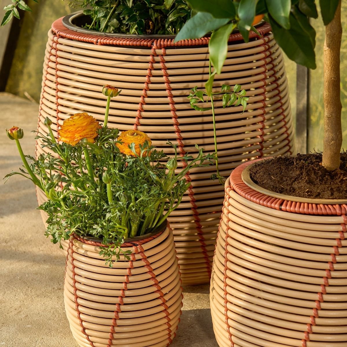 Cancun bloempottenset, 3 stuks, beige met oranje details