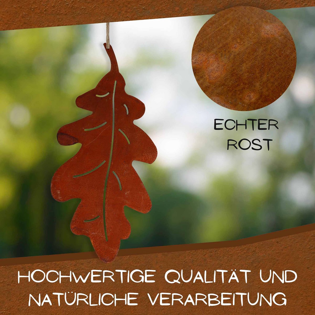 Eikenblad metalen decoratie om op te hangen, roestpatina, 15 × 7 cm
