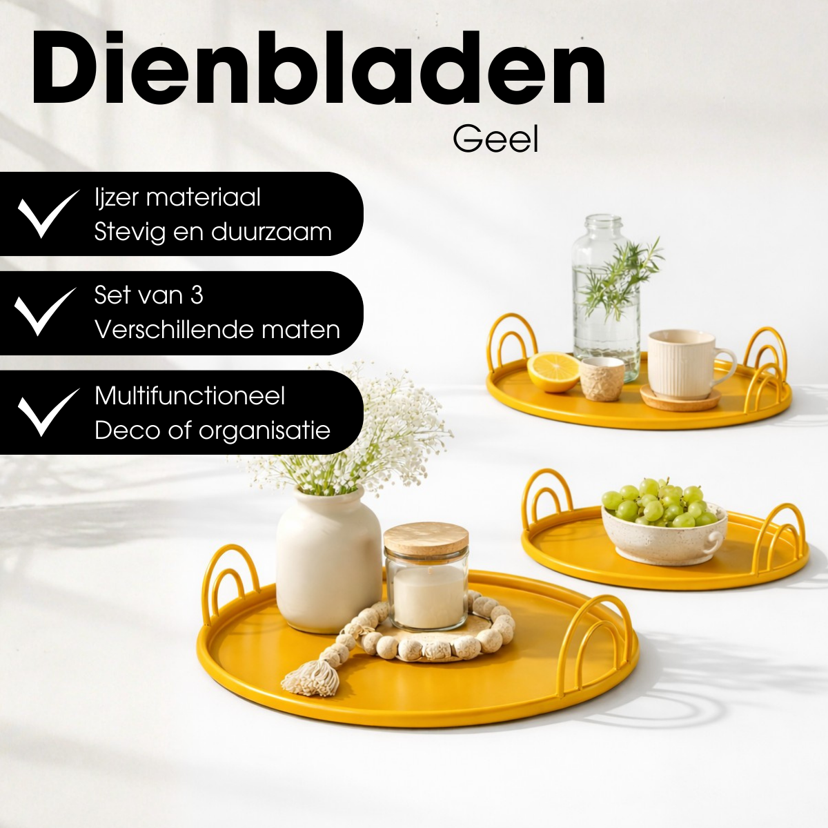 Dienbladen met handgrepen, set van 3, geel