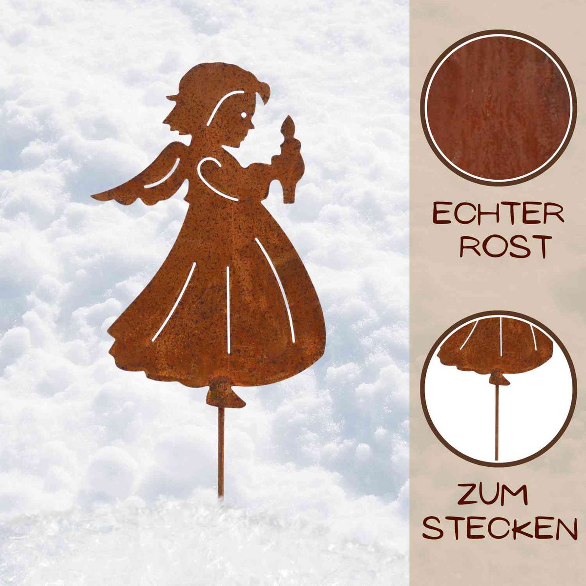 Kerstdecoratie engel met kaars | Roestkleurig decoratief engelenfiguur