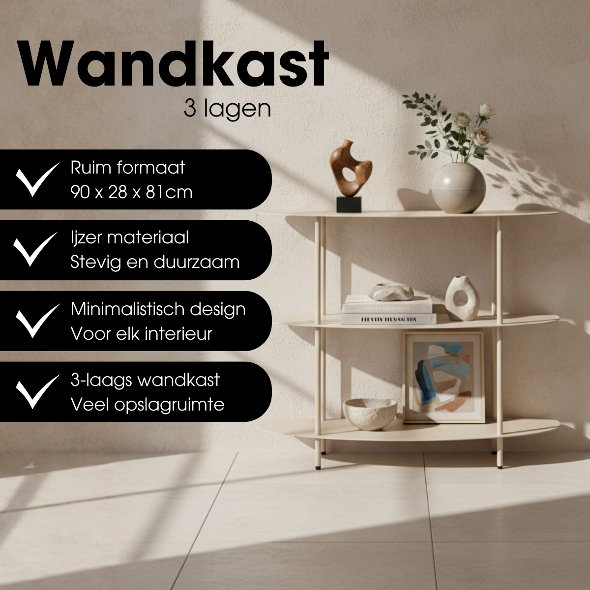 Open kast, off-white met 3 ovale planken, 90 x 28 x 81 cm