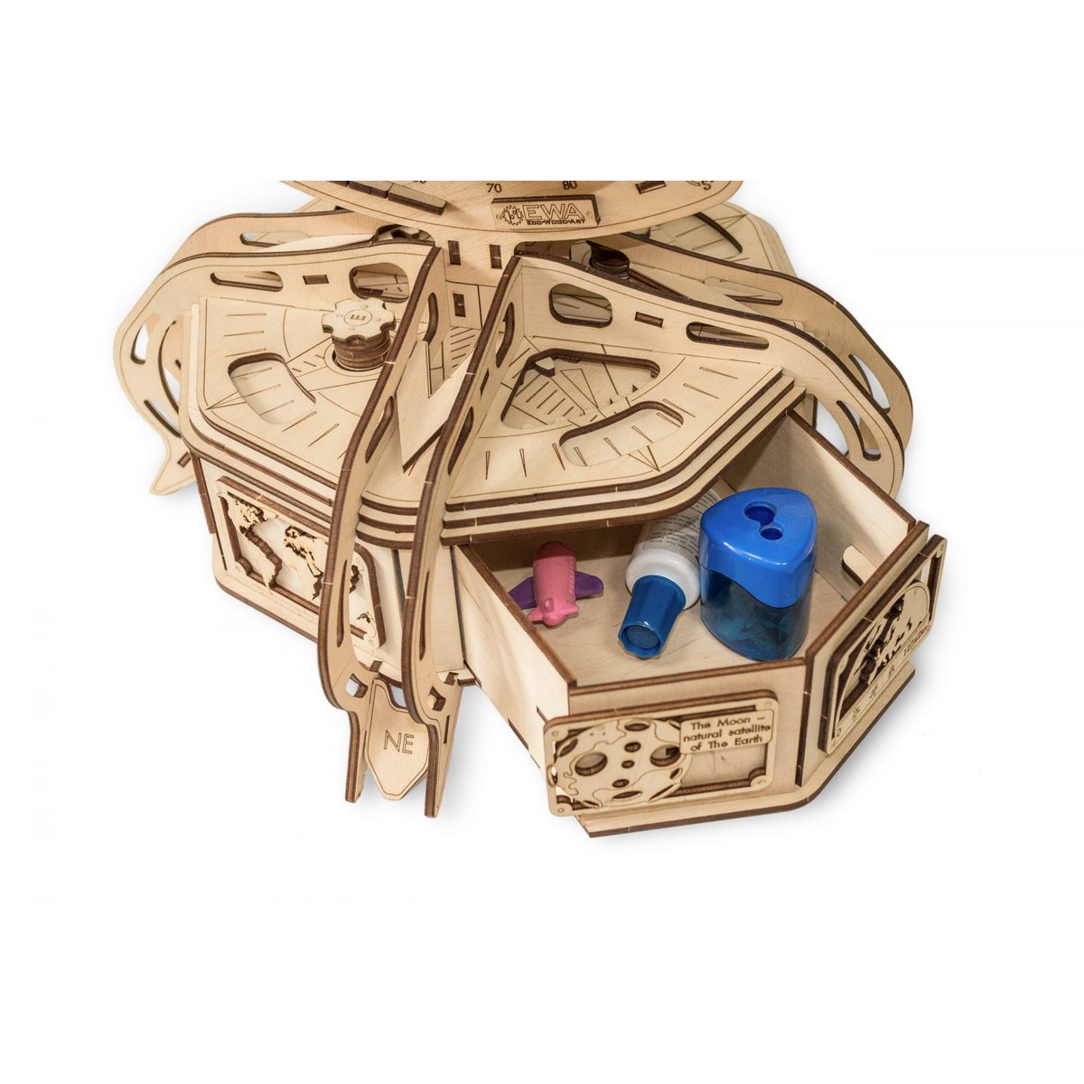 DIY houten mechanische puzzel Globe Blue, 32 x 32 x 50,5 cm