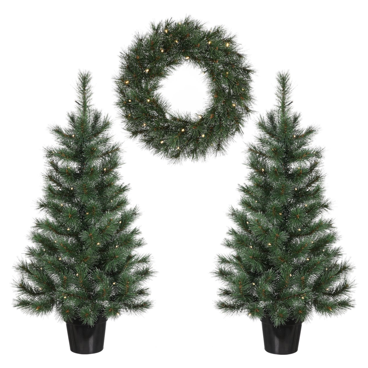 Glendon set met 2 kunstkerstbomen en kerstkrans, 90 cm, Ø 45 cm, met verlichting