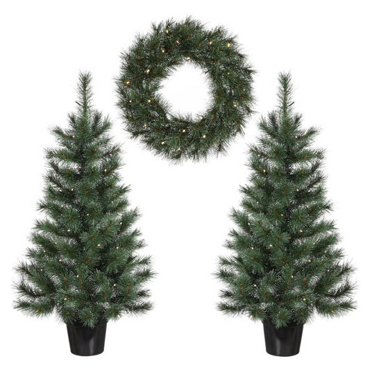 Glendon set met 2 kunstkerstbomen en kerstkrans, 90 cm, Ø 45 cm, met verlichting