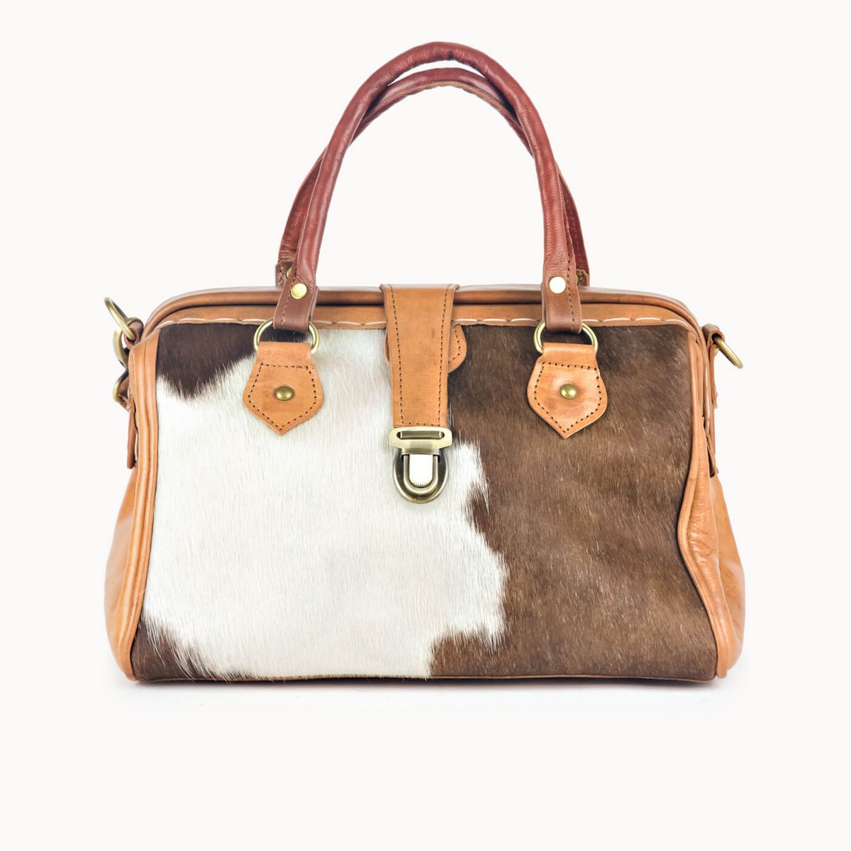 Frou leren handtas met koeienvacht, 30 × 13 × 20 cm
