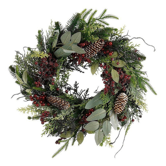 Kerstkrans met rode bessen en dennenappels, Ø 40 cm