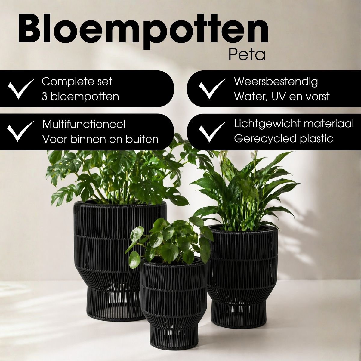 Zwarte bloempot set Peta op standaard - 3-delig