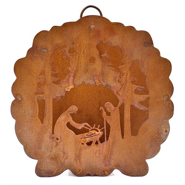 Roestmetalen kerststal met theelichthouder, om op te hangen, 26 cm
