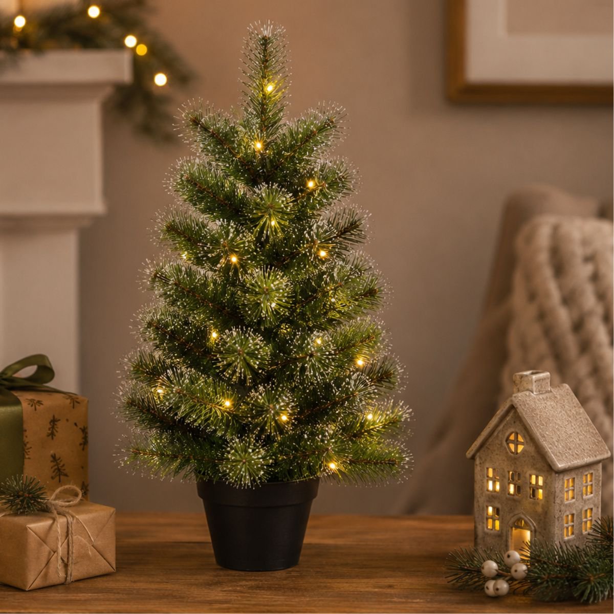 Glendon kunstkerstboom met rijp-effect en LED, 90 cm, Ø 51 cm