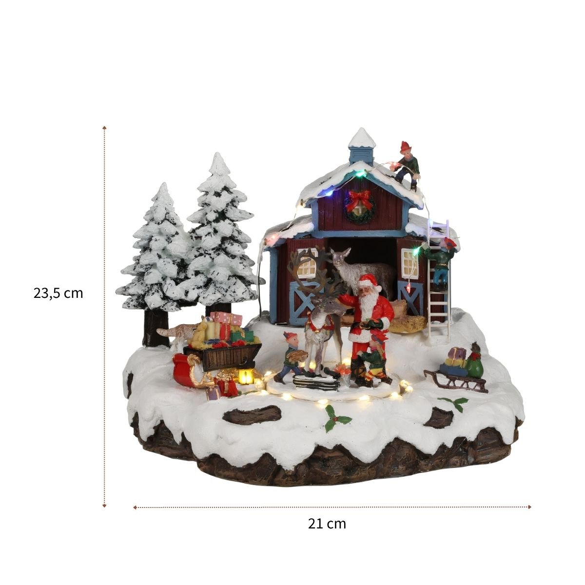 Kerstdorp tafereel met kerstman, elfjes en roterend plateau, 23,5 × 21 × 20 cm
