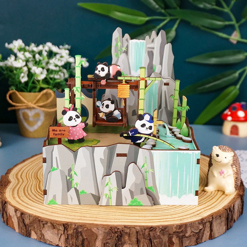 DIY 3D houten muziekdoos Panda's Home, 13 x 10,3 x 13,8 cm