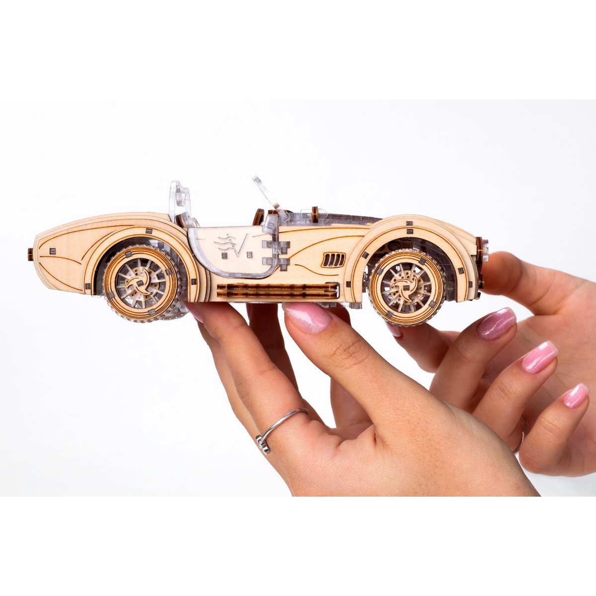 DIY houten mechanische puzzel Speedster V2 auto, 16,4 x 8 x 5,5 cm