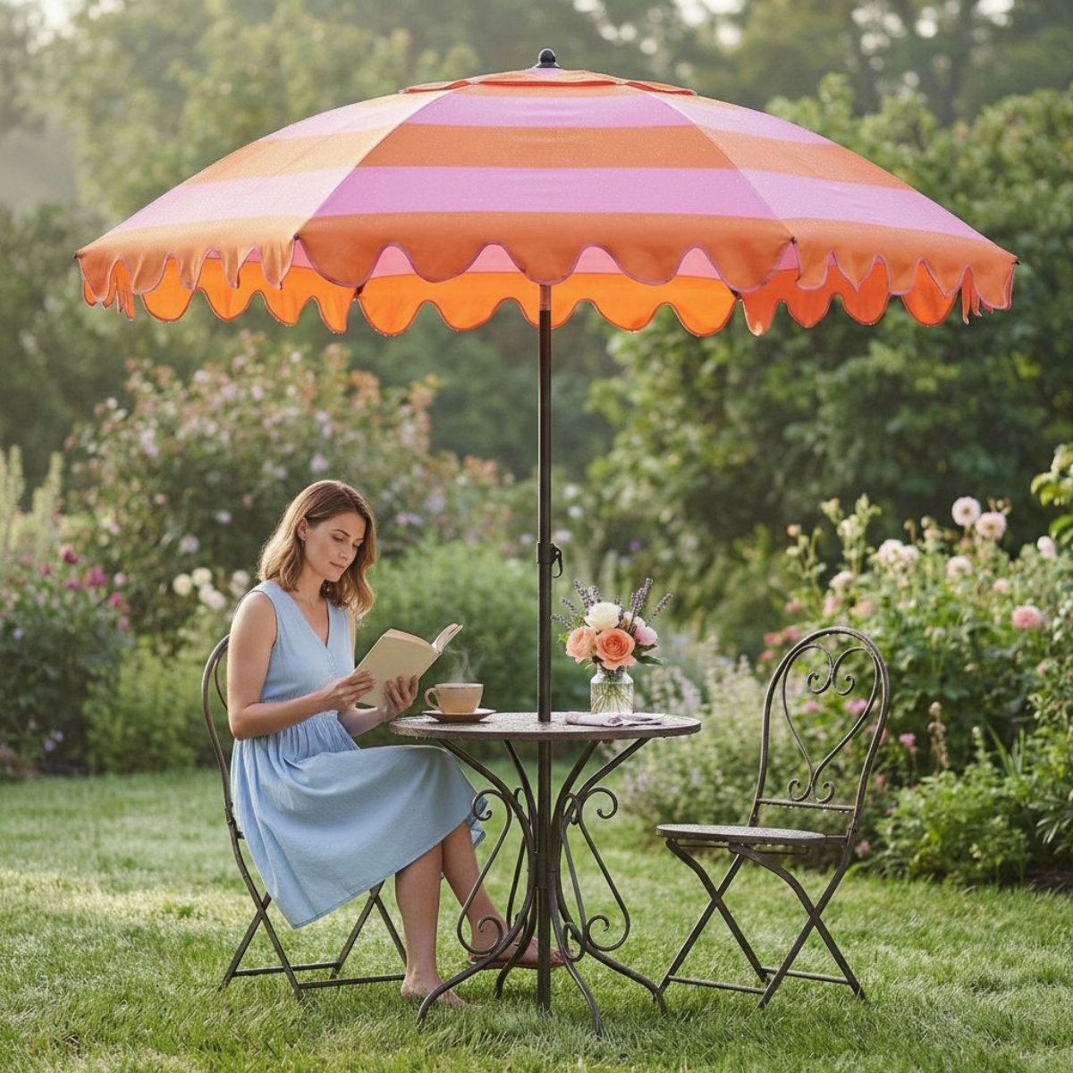 Oranje-roze gestreepte parasol met ruches Ø197 cm